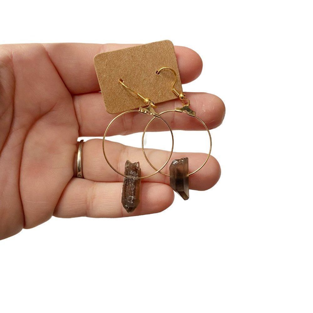 NEW Raw Smoky Quartz (30mm) Drop Hoop Earrings - Picture 3 of 4